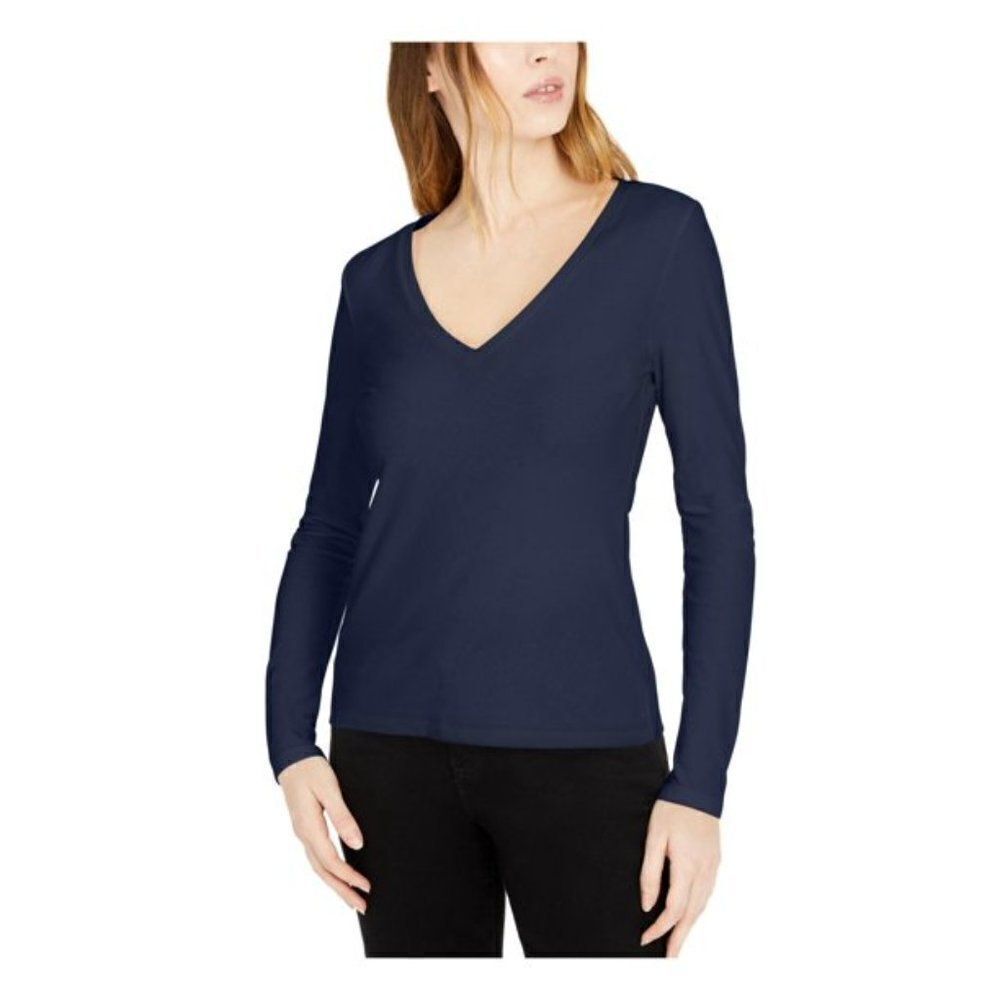 INC Cotton V-Neck Long Sleeve Tee size XS in Blue -NEW